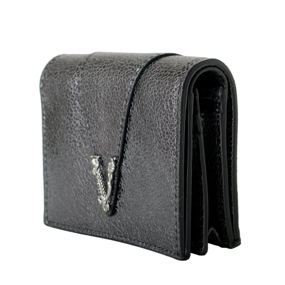 Versace Women's Metal Gray 100% Textured Leather V-Logo Wallet - Picture 3 of 6